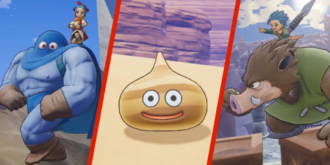 Dragon Quest Treasures Monsters to Recruit for Party Including Slime Variation and Two Larger Beasts with Erik and Mia Protagonists on Top