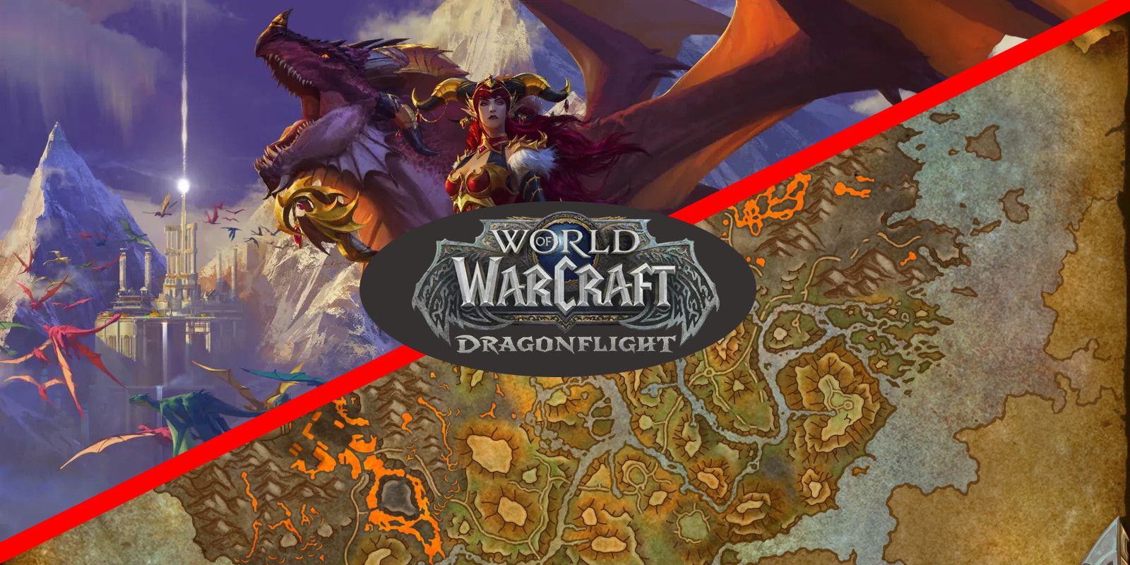 World of Warcraft: Dragonflight logo, ontop of a red line dividing an image of Alexstrasza in her human and dragon forms, and a map of The Waking Shores