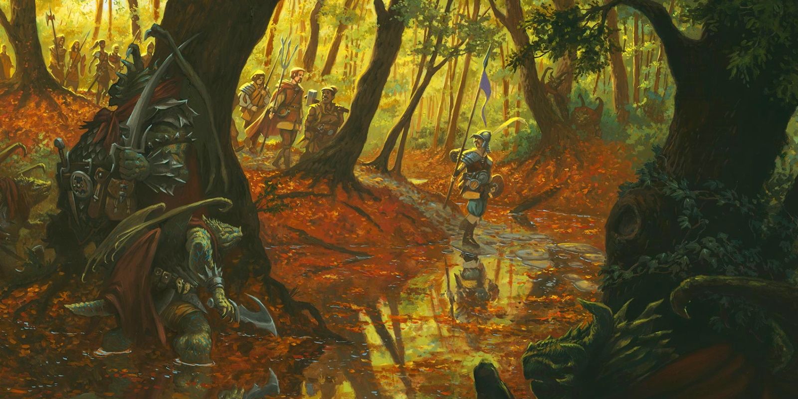 De Draconiërs wachten om een ​​groep in een hinderlaag te lokken in een moerassig gebied van Dragonlance terwijl ze zich verschuilen achter enkele bomen.
