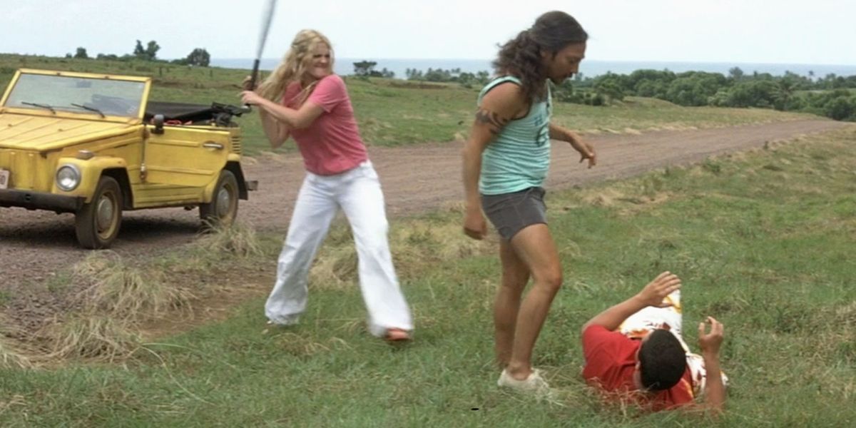 drew barrymore swinging a bat at rob schneider in 50 first dates