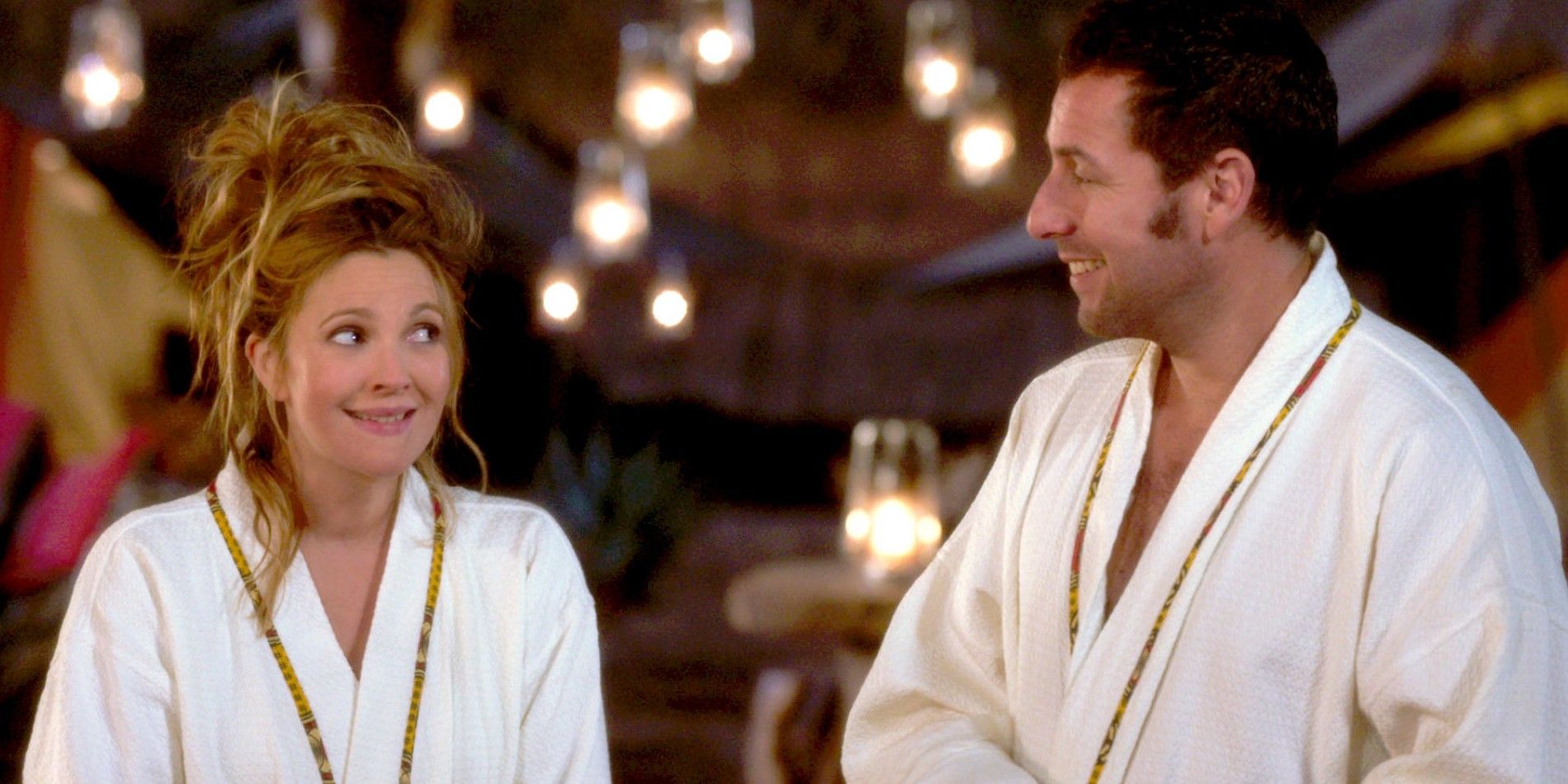Drew Barrymore and Adam Sandler in robes in Blended