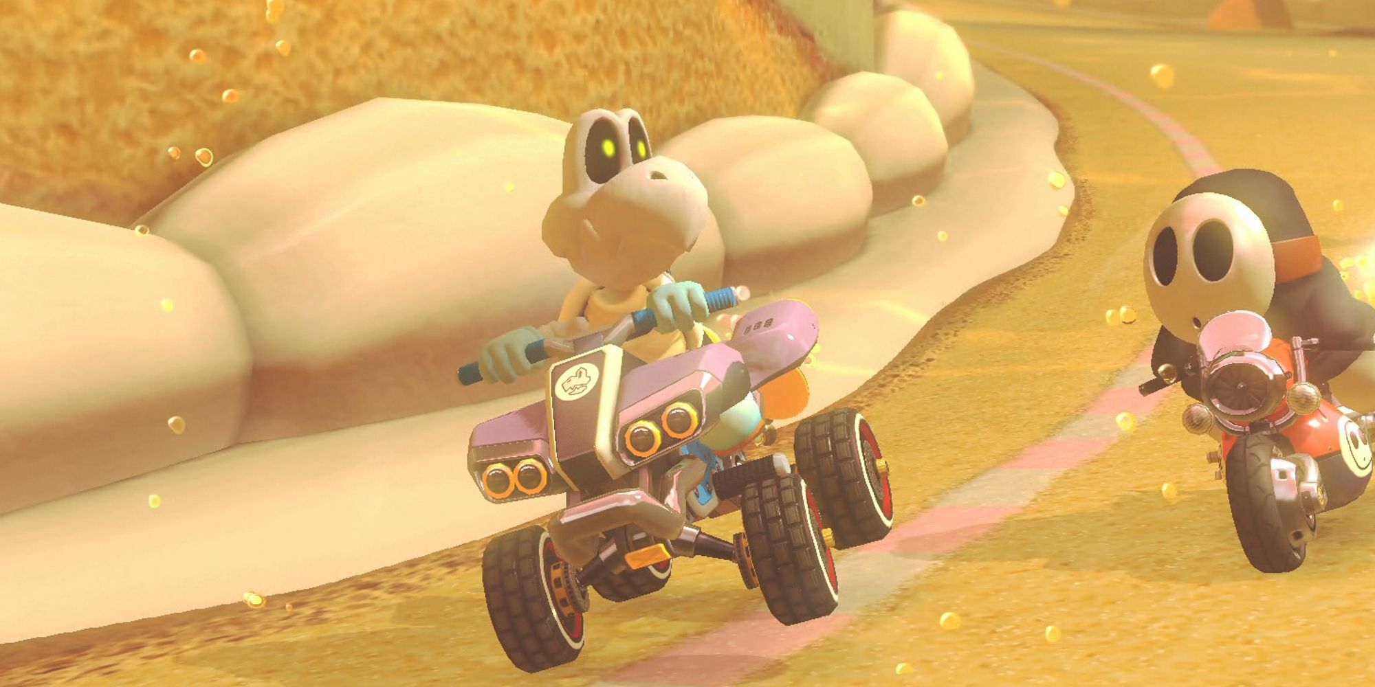 Dry Bones riding an ATV next to Shy Guy in Mario Kart 8 Deluxe