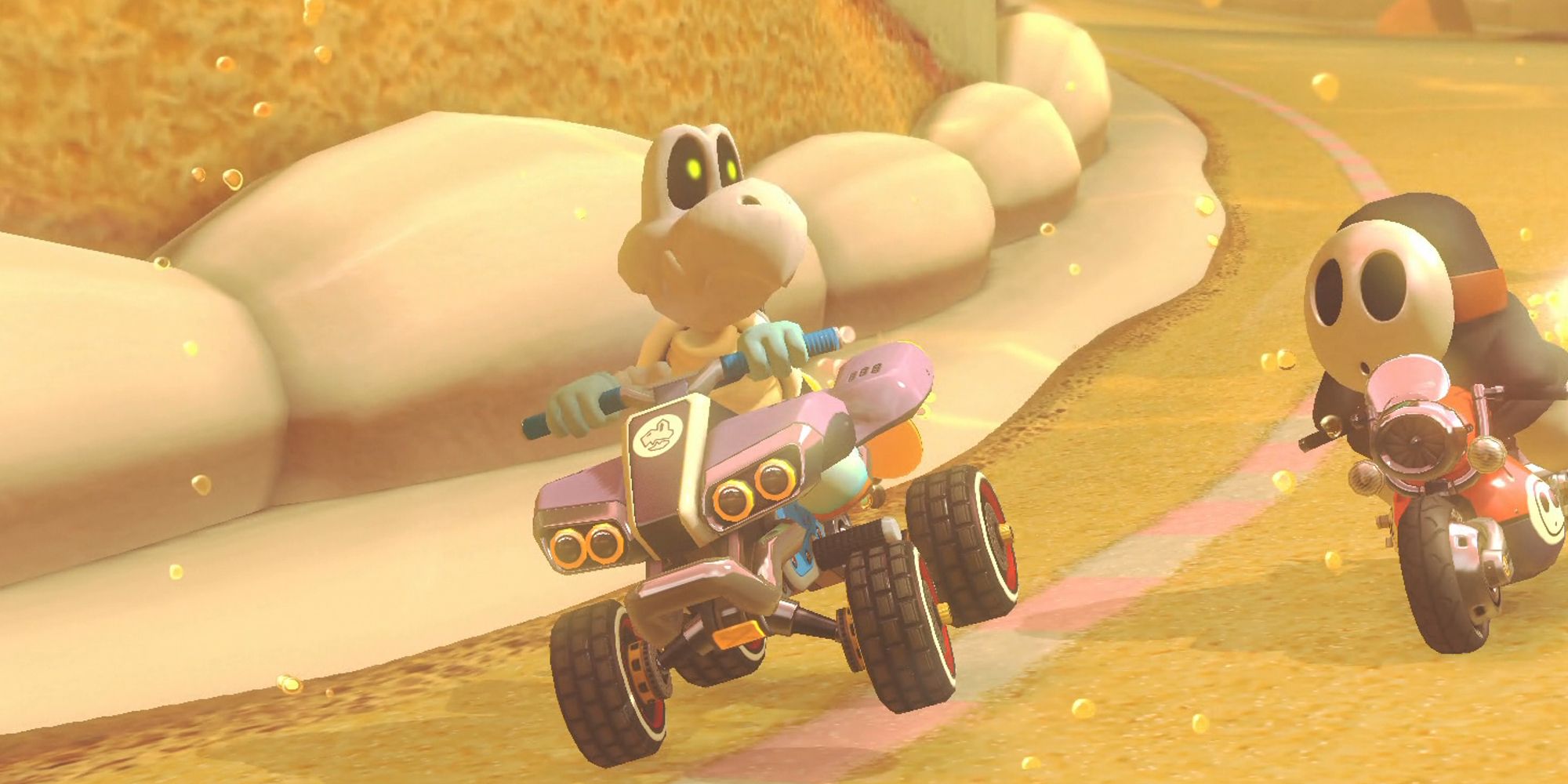 Dry Bones mengendarai ATV di sebelah Shy Guy di Mario Kart 8 Deluxe