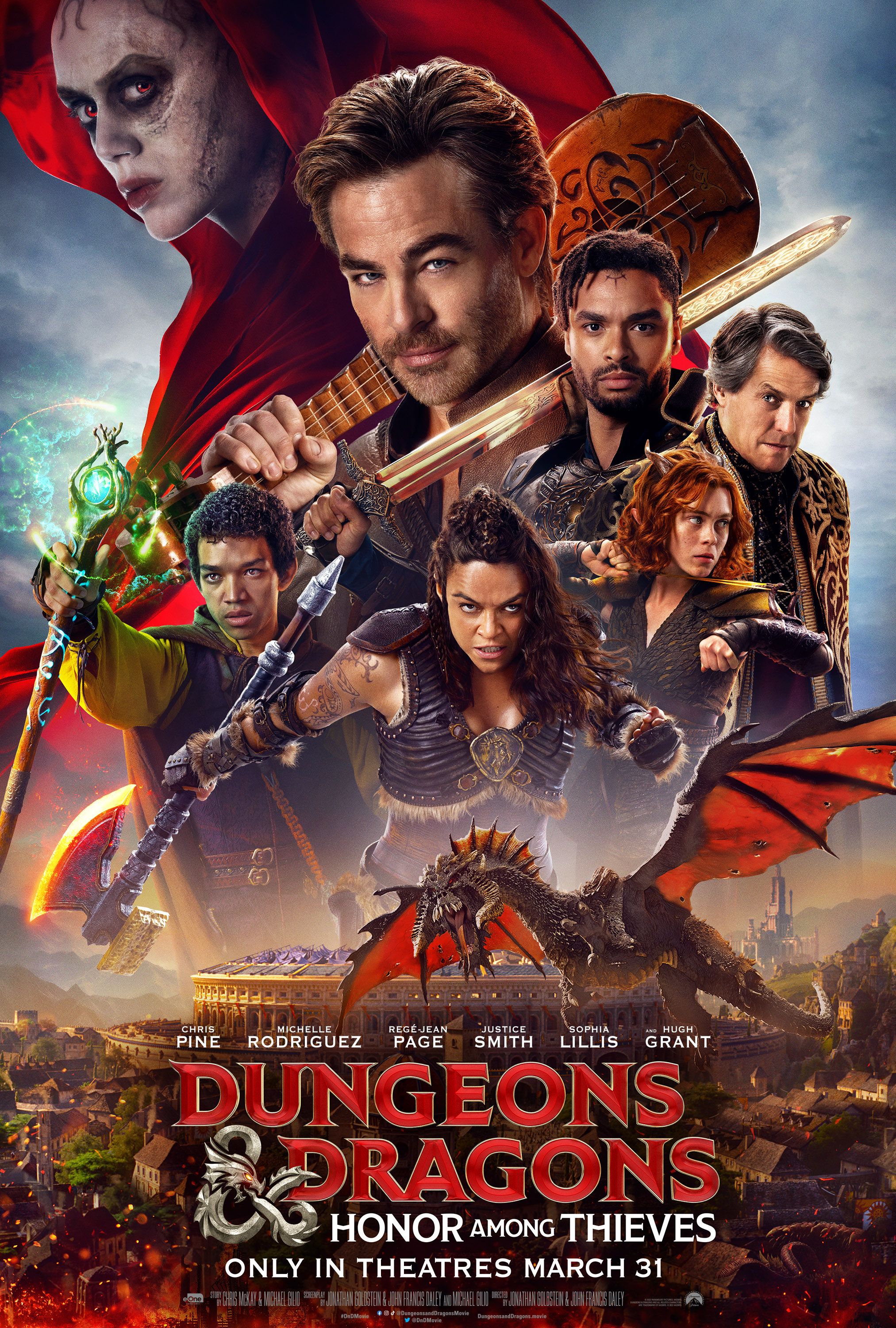 Chris Pine e outros membros do elenco no pôster de Dungeons and Dragons: Honor Among Thieves.