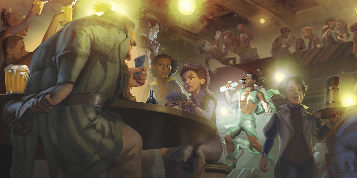 Artwork of a bustling Dungeons & Dragons tavern. A Bard sings on the stage while a table of three patrons play cards together.