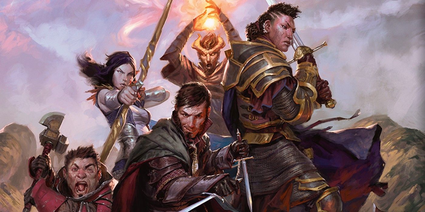 Dungeons & Dragons Party con 5 miembros, los tres al frente sostienen armas cuerpo a cuerpo, uno en la parte de atrás sostiene un arco y una flecha, y el otro en la parte de atrás está lanzando un hechizo sobre su cabeza.