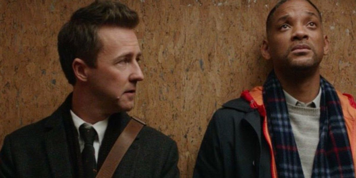 Edward Norton e Will Smith em um elevador em Collateral Beauty