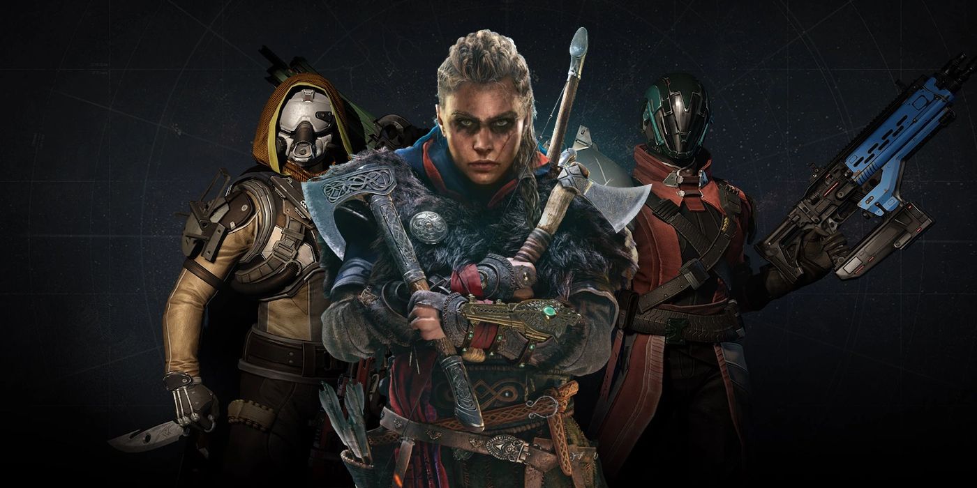 Eivor, the Viking protagonist of Assassin's Creed Valhalla, standing among Guardians from Destiny 2