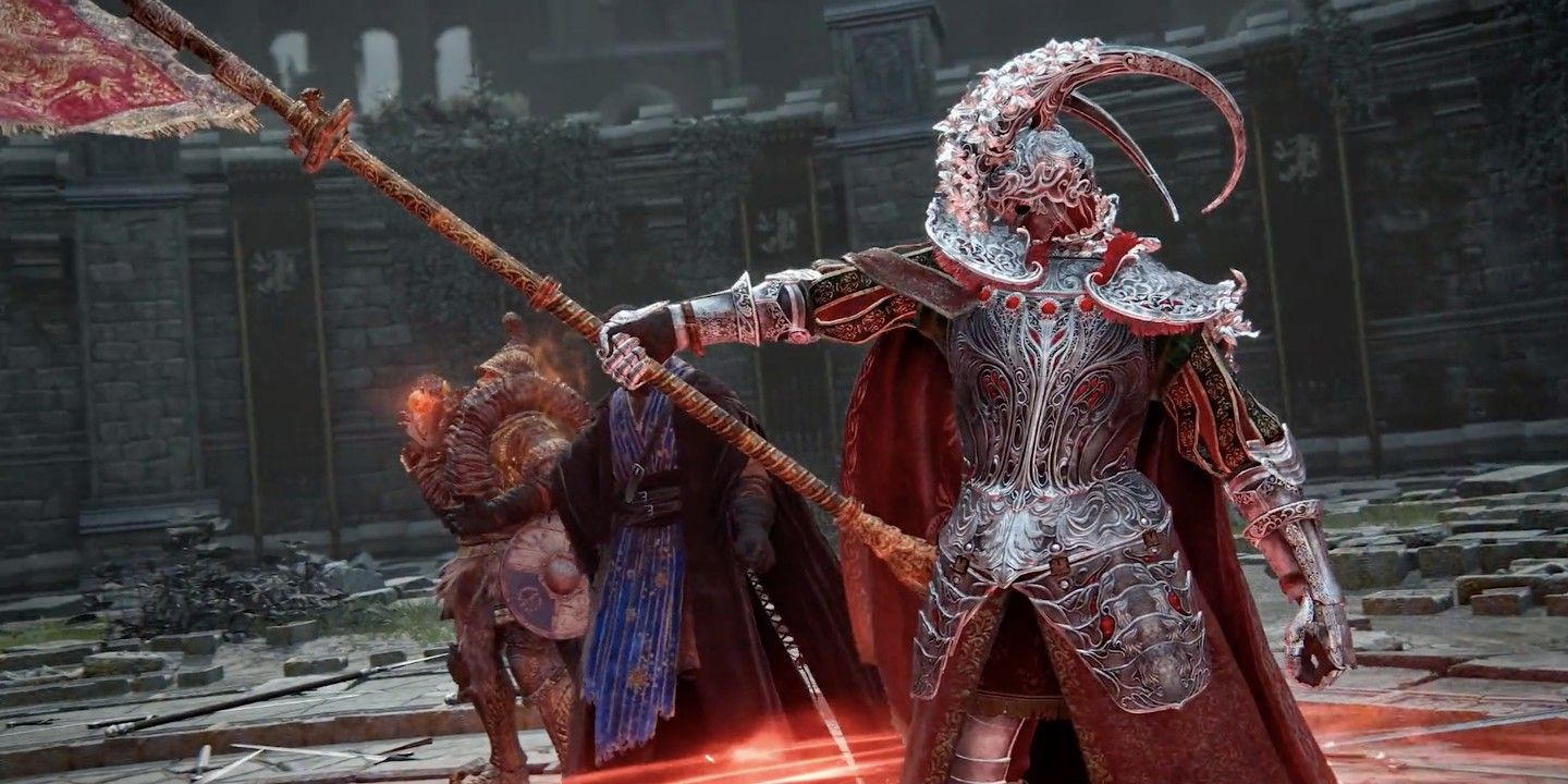 Un guerrero vestido con una armadura que sostiene una bandera con otros luchadores detrás de ellos en el tráiler de la actualización Elden Ring Colosseum.