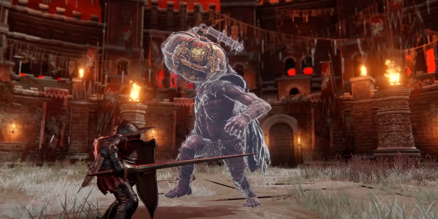 Image of Elden Ring's Caelid Colosseum, with a player facing a Spirit Ash Pumpkin Head.
