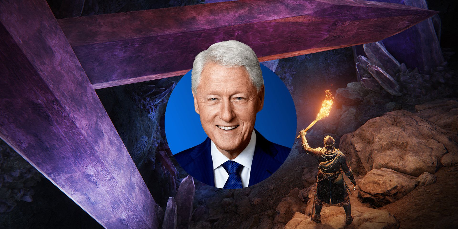 Image from Elden Ring of a character exploring a crystal cave with a torch, with a picture of Bill Clinton on top of it