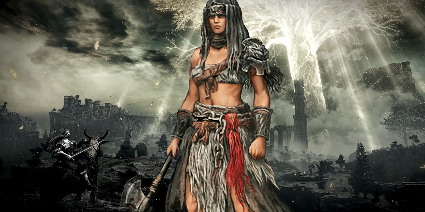Artwork for the default female character of the Elden Ring Hero class in front of a nearly colorless background of the Limgrave and the Erdtree.