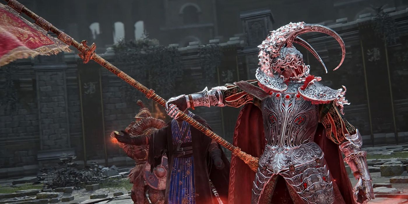 Promo image for Elden Ring DLC featuring a character in ornate armor wielding a banner