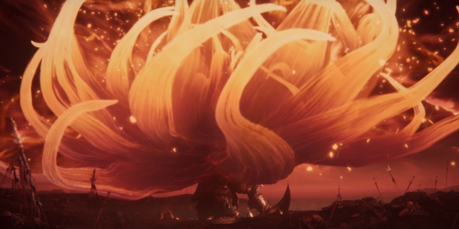 Malenia usando sua habilidade Scarlet Aeonia, produzindo uma flor cheia de Podridão Escarlate, em sua batalha com Radahn, como visto nos trailers de Elden Ring.