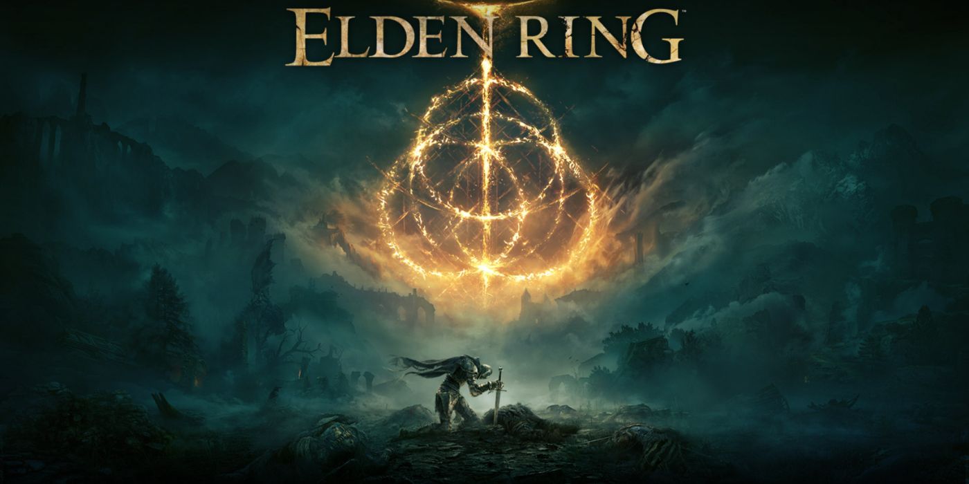 Elden Ring key art showing Tarnished kneeling with his sword below the titular ring.