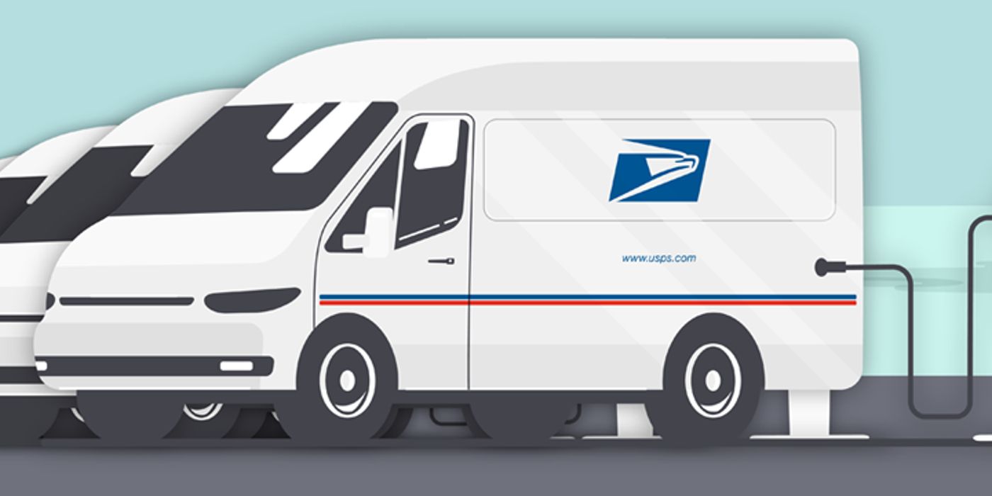 Illustration of electric USPS trucks plugged in
