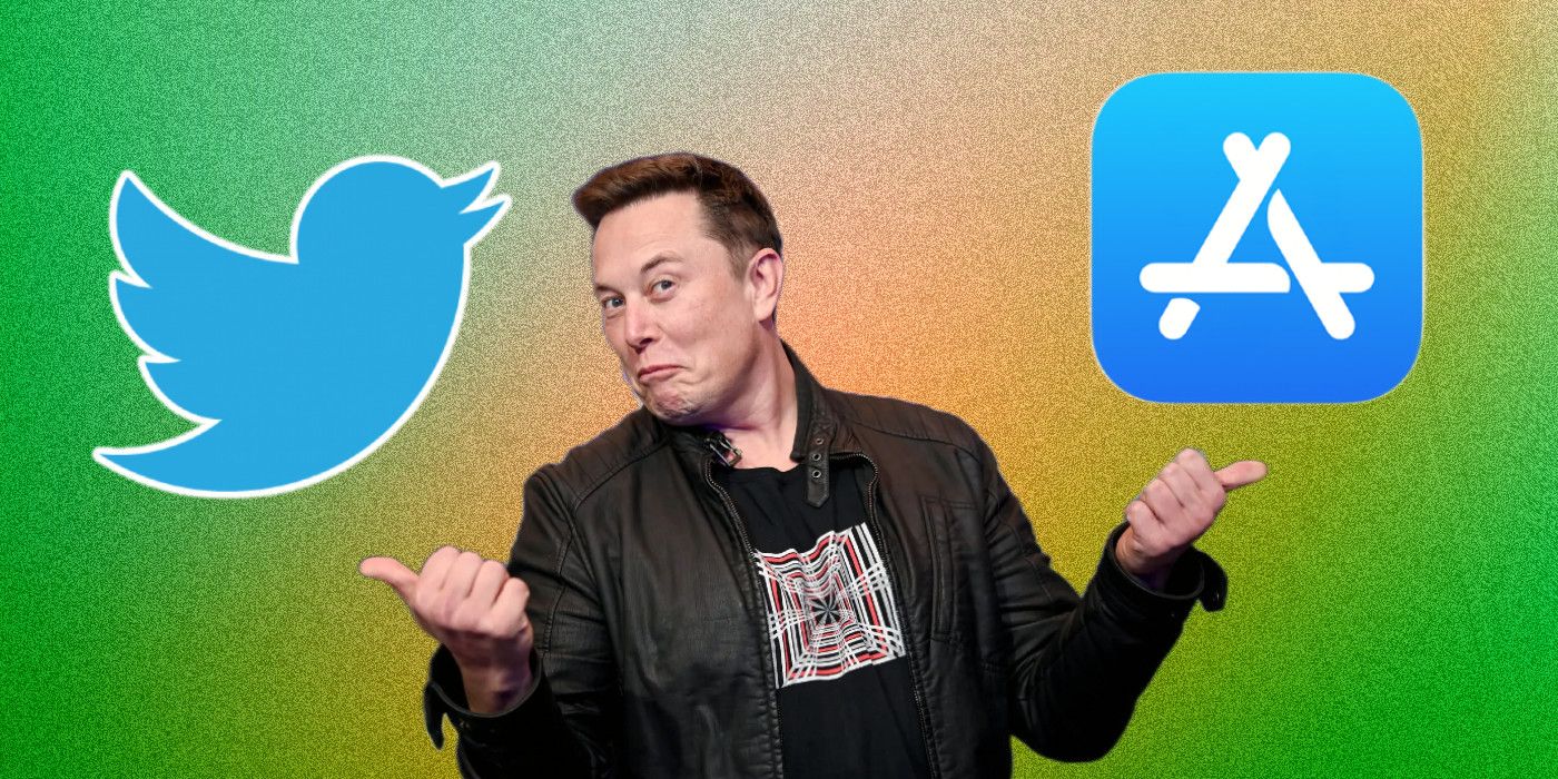 Elon Musk gesturing with Apple App Store logo on one side and Twitter logo on another side