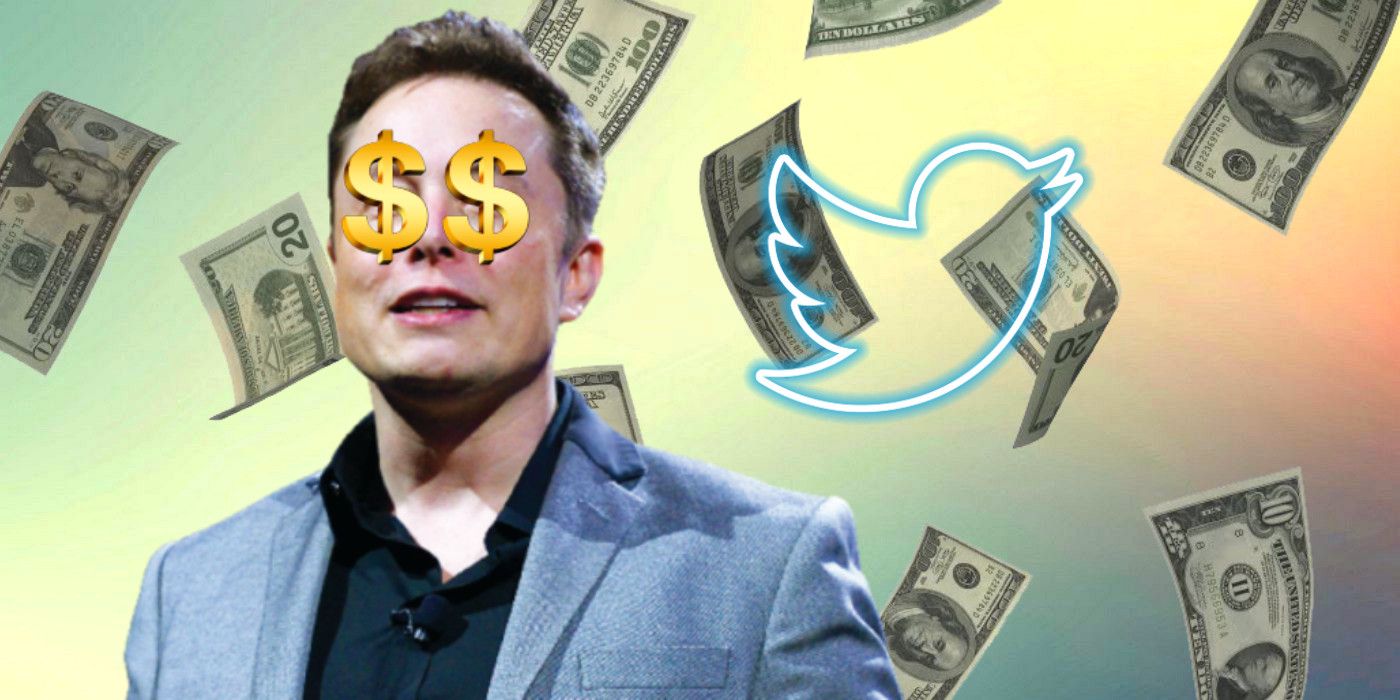 Elon Musk with dollar signs in his eyes and dollar bills flying in the background next to the Twitter logo