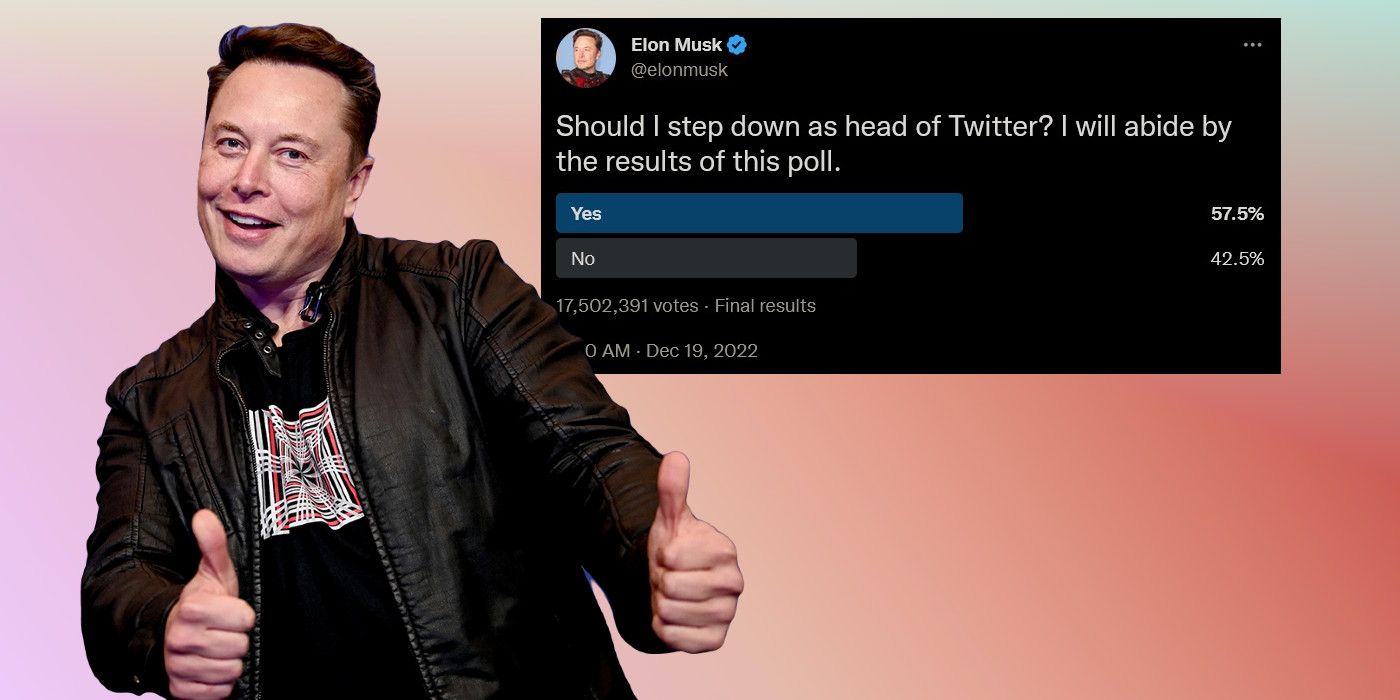 Elon Musk giving a double thumbs-up next to a screenshot of the Twitter poll on whether he should step down as the CEO of Twitter