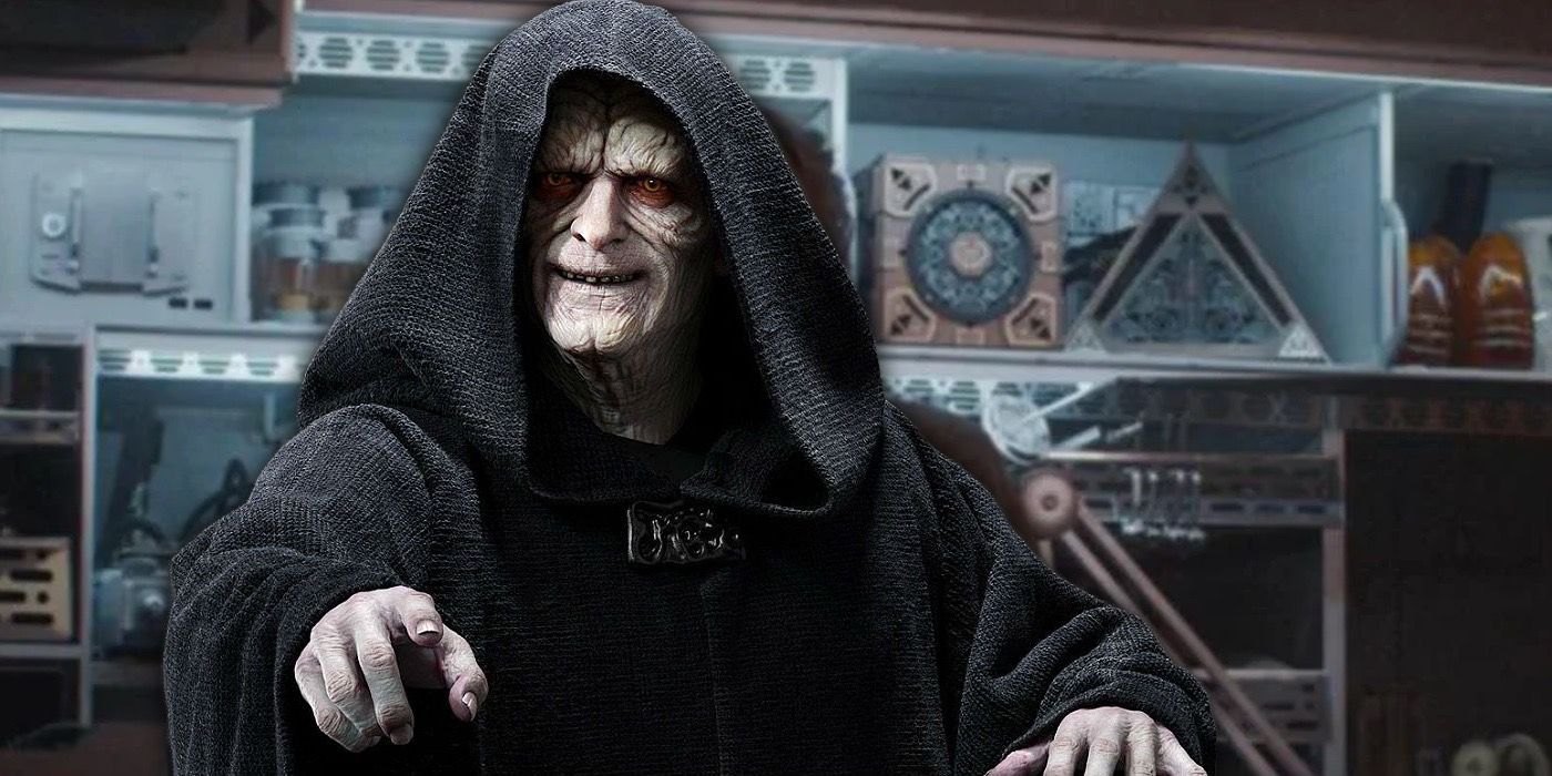 Emperor Palpatine in front of a Jedi holocron and Sith holocron