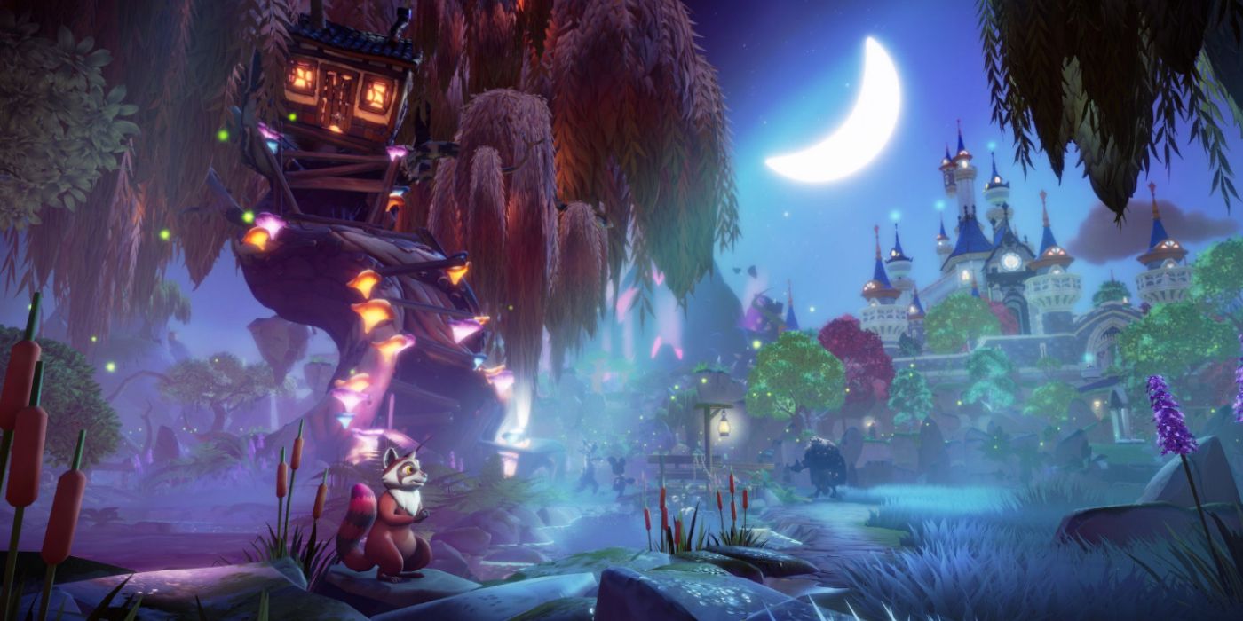 Disney Dreamlight Valley's world during the night with the moon in the sky