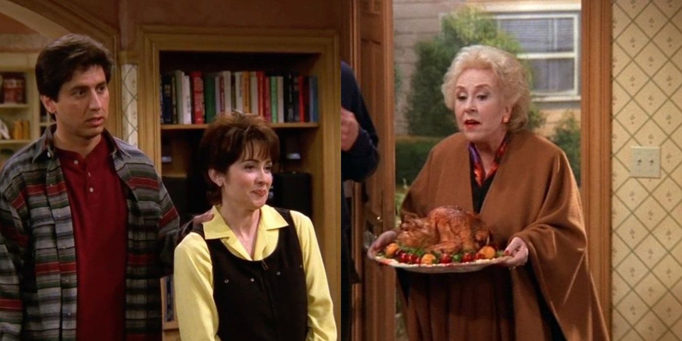 Split image of Ray and Debra smiling and Marie holding a turkey in Everybody Loves Raymond