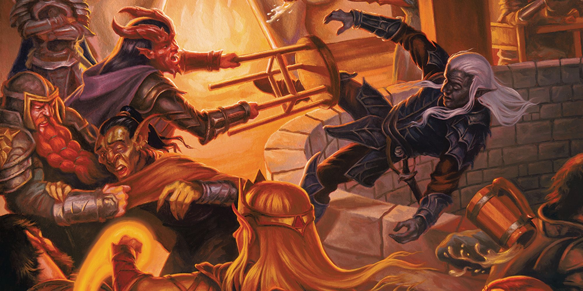 Uma variedade de personagens de D&D lutam perto de um fosso.  Um personagem está usando um banquinho para empurrar outro para o fosso.