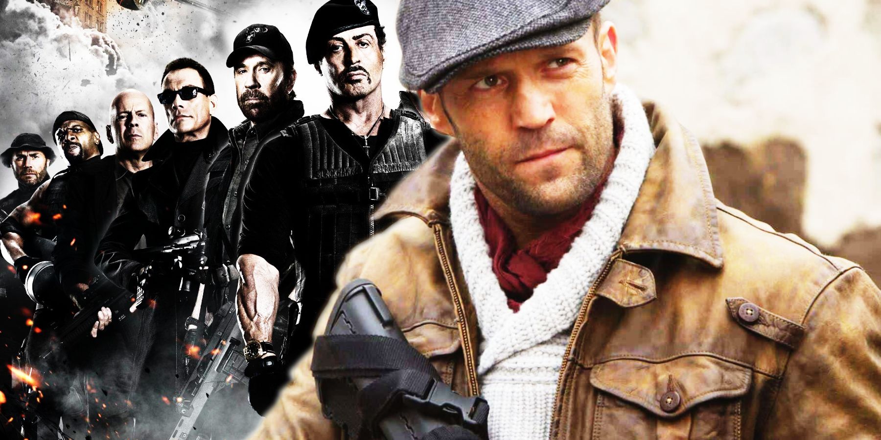 The cast of Expendables and Jason Statham as Lee Christmas