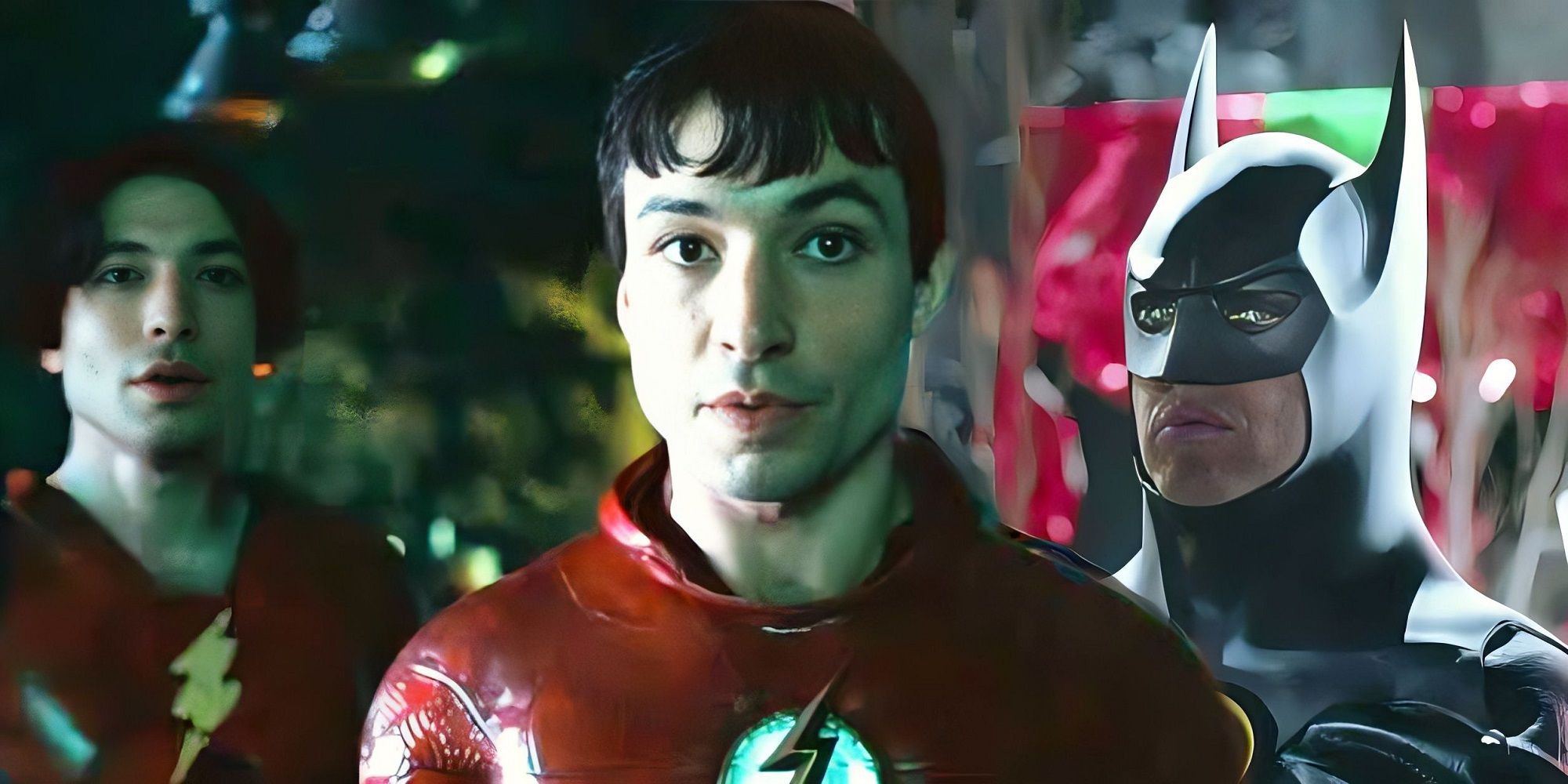 Ezra Miller's Flash Costume and Micheal Keaton's Batman_