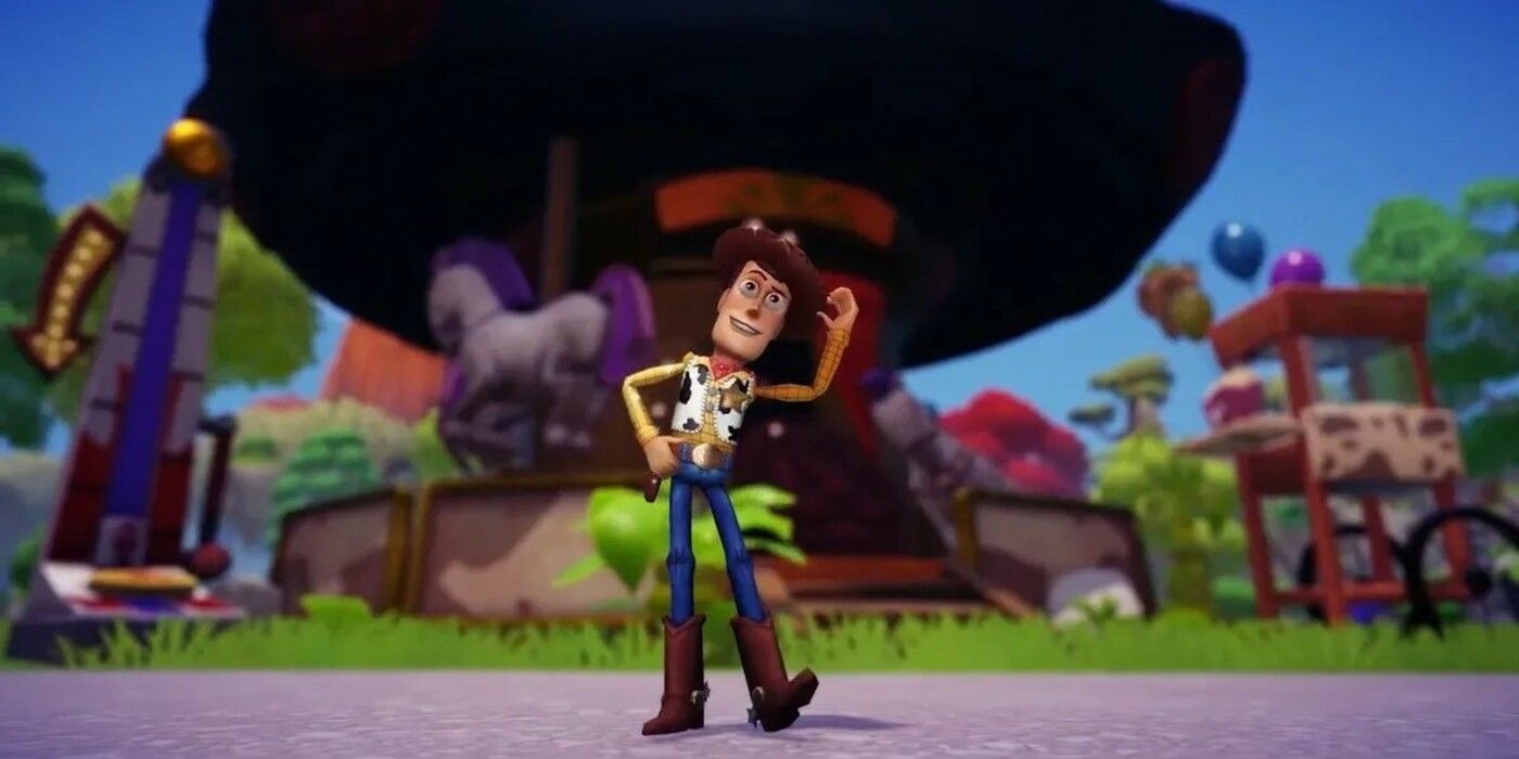 Woody quitándose el sombrero en Disney Dreamlight Valley con un carrusel de fondo