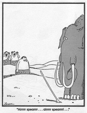 Two cavemen taunt their friend for missing a mammoth in Far Side Comics 