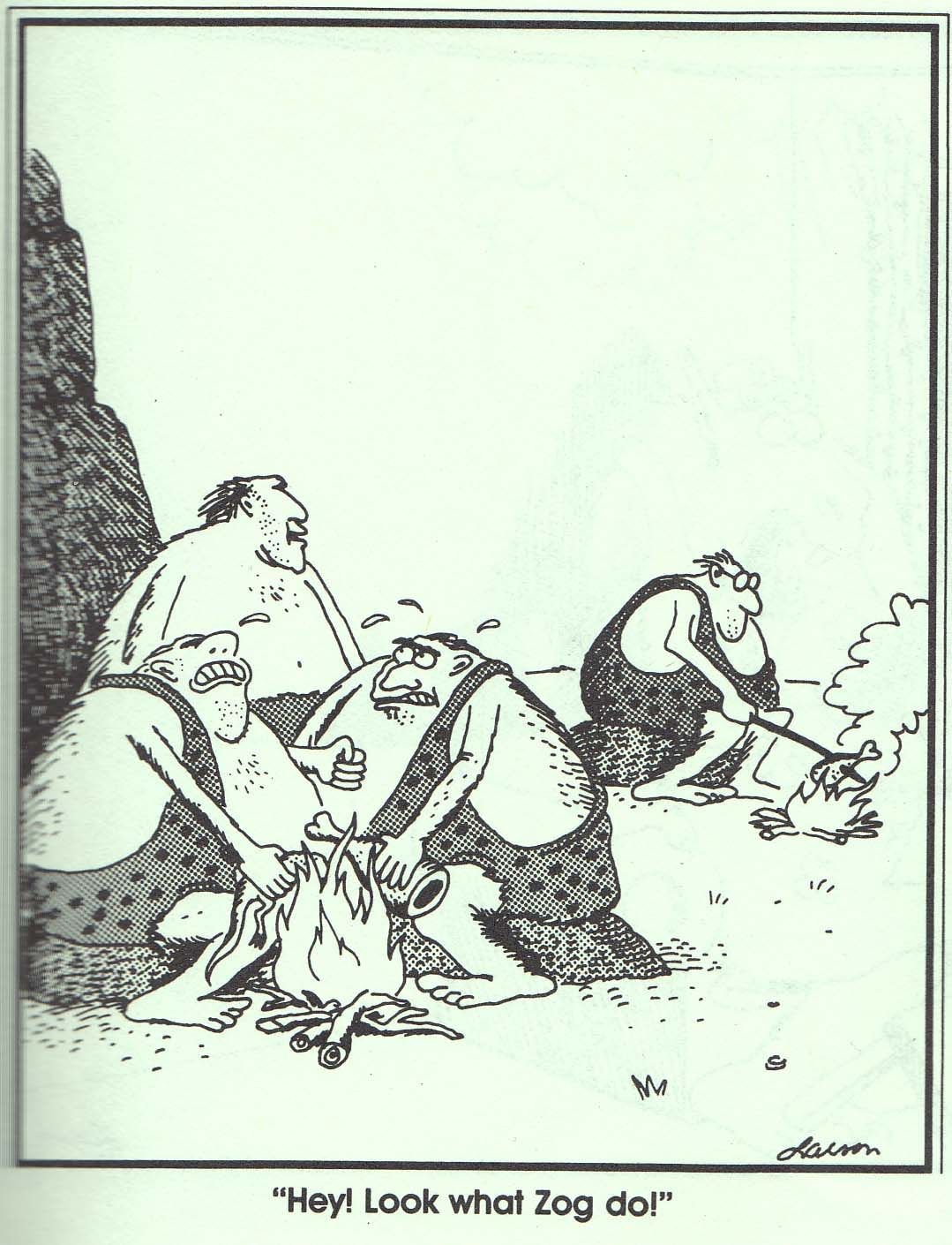 Cavemen attempt to cook meat from Far Side Comics 