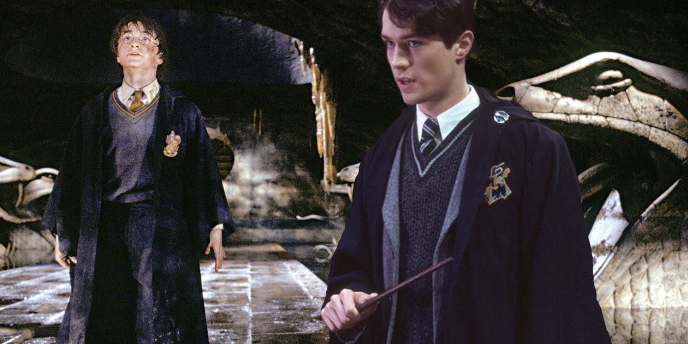 An image of Harry looking up at a statue and Tom Riddle holding a wand in Harry Potter and The Chamber of Secrets