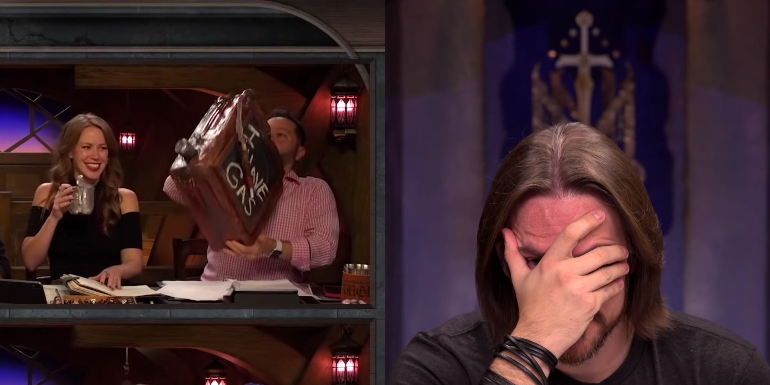Featured image Sam drinks from a gas can flask and Matt mercer facepalms on Critical Role