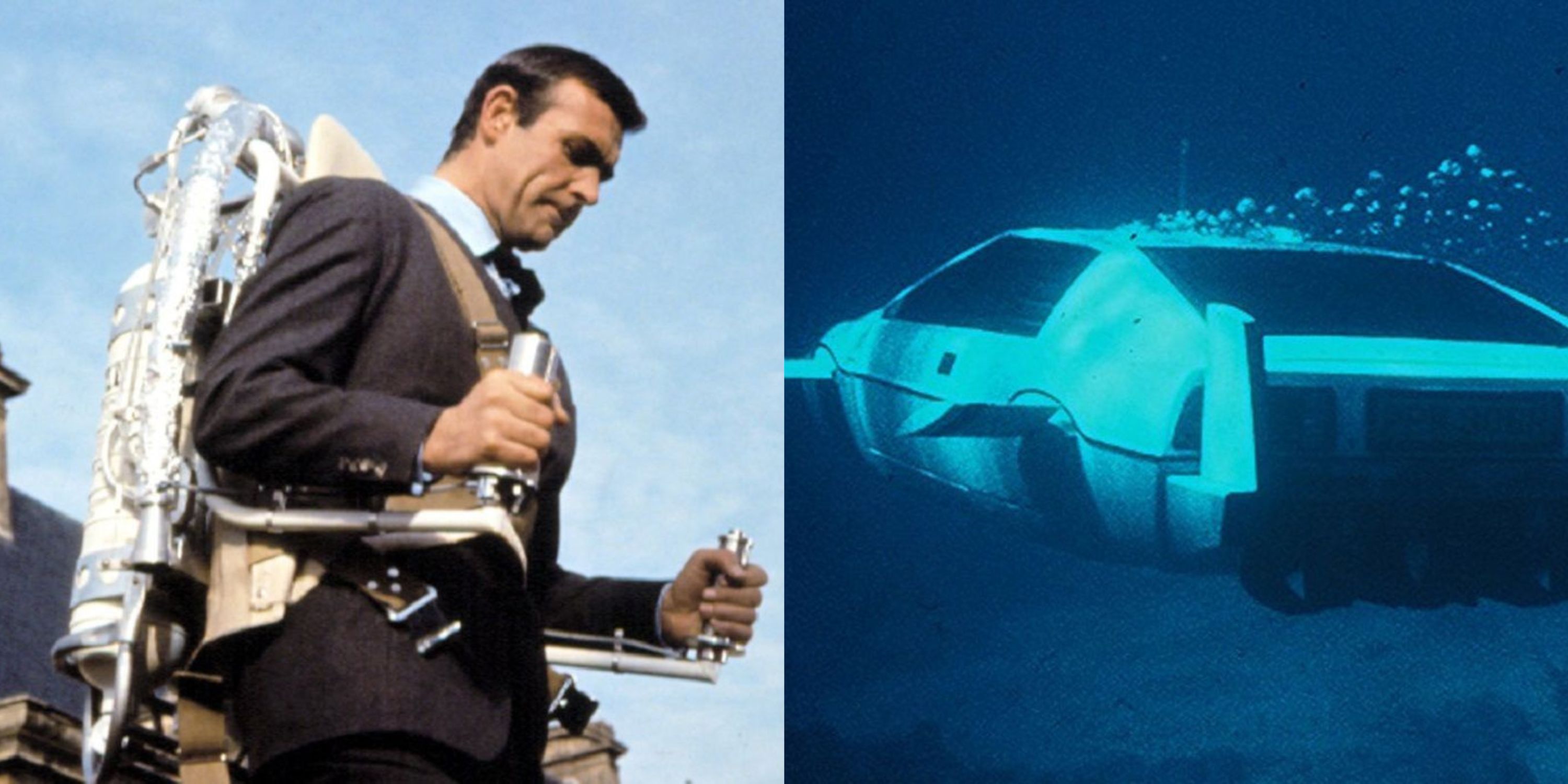 Featured image Sean Connery flying using a jetpack and a Lotus submarine car in James Bond movies
