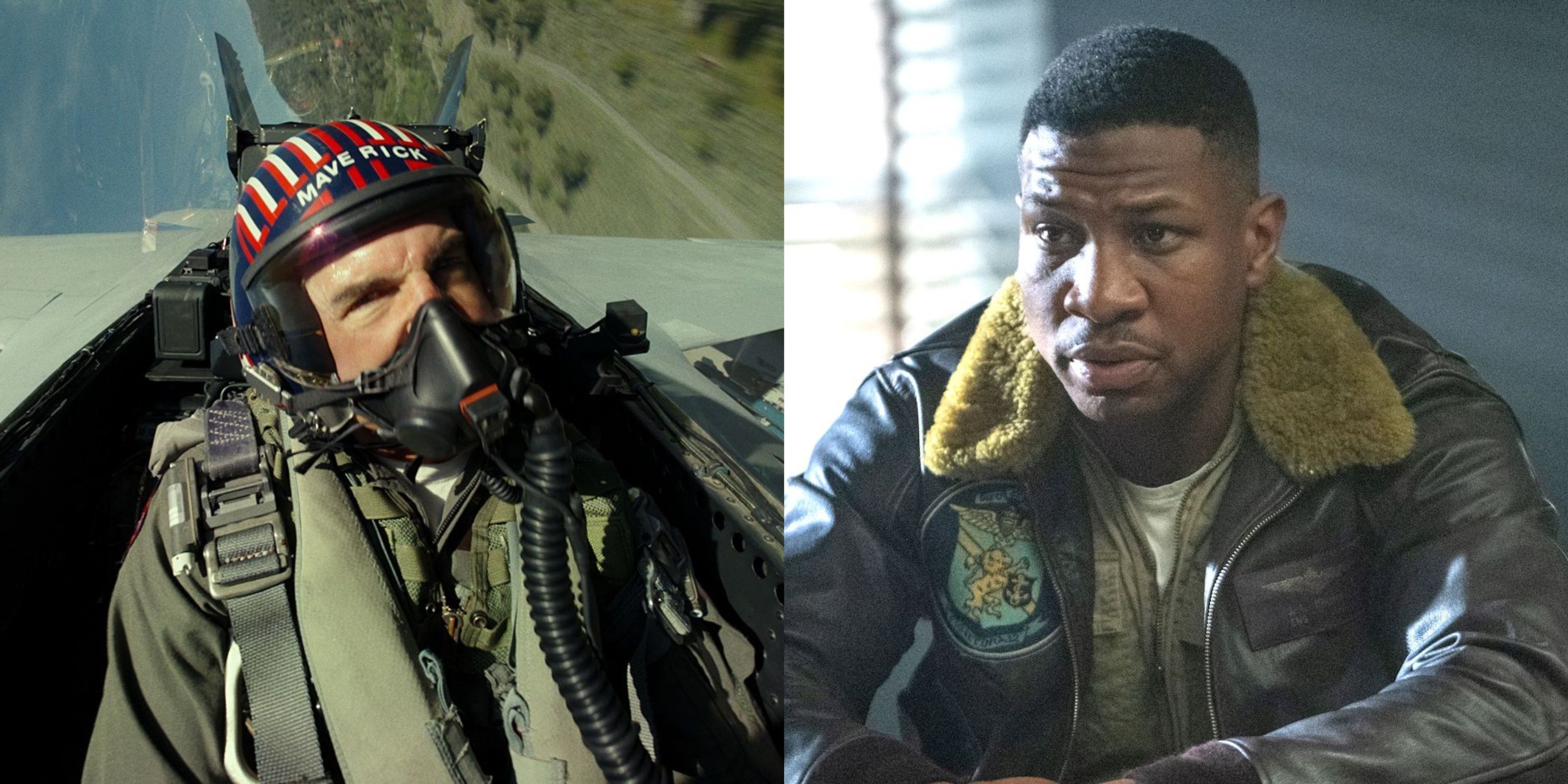 Featured image Tom Cruise flies a jet fighter in Top Gun Maverick and Jonathan Majors in thought in Devotion