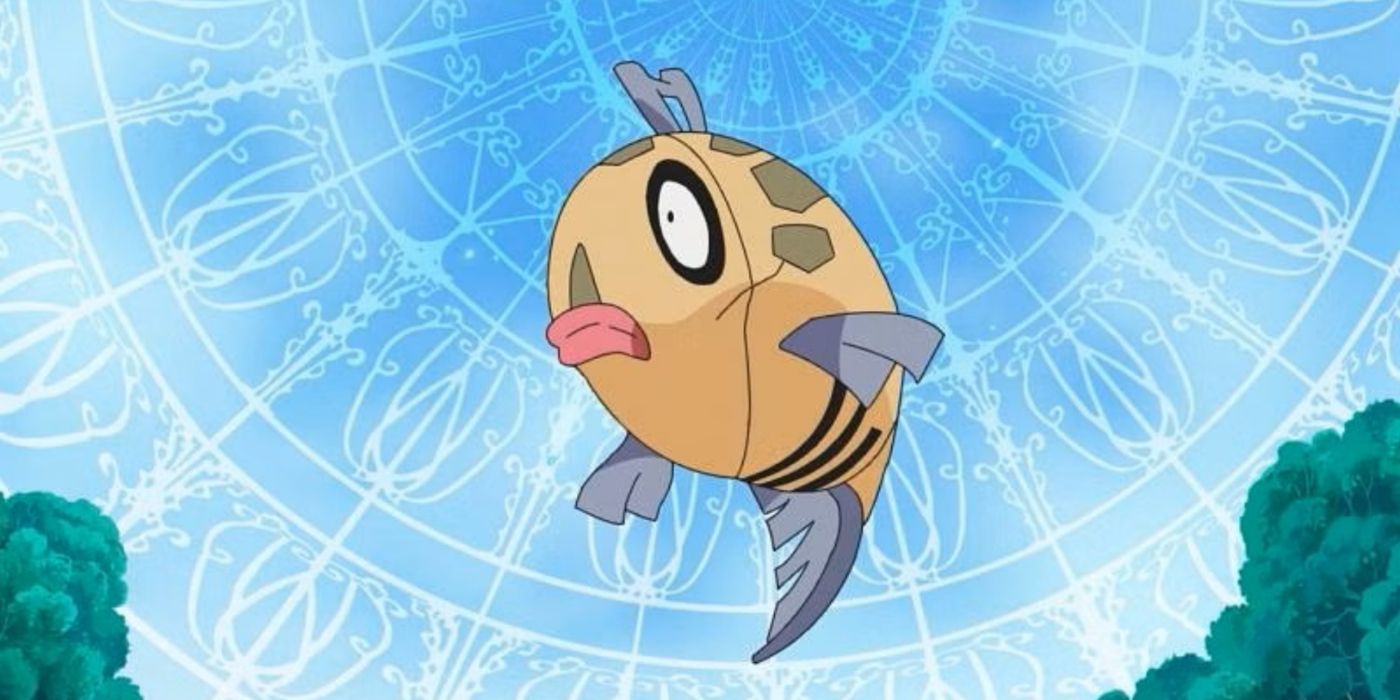 Feebas pulando no ar no anime Pokémon.