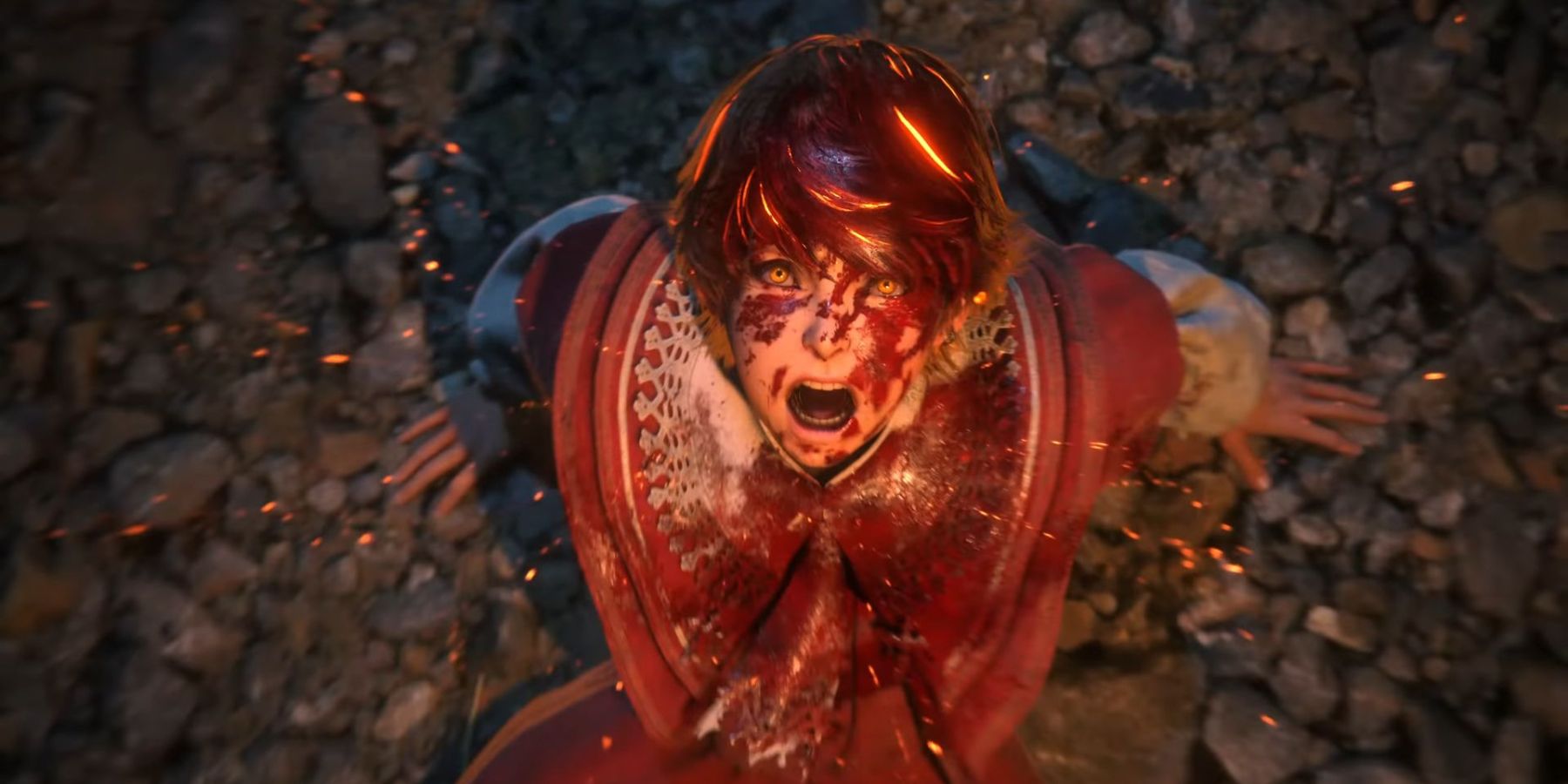 Joshua de Final Fantasy 16 grita de terror mientras la sangre cubre su rostro.