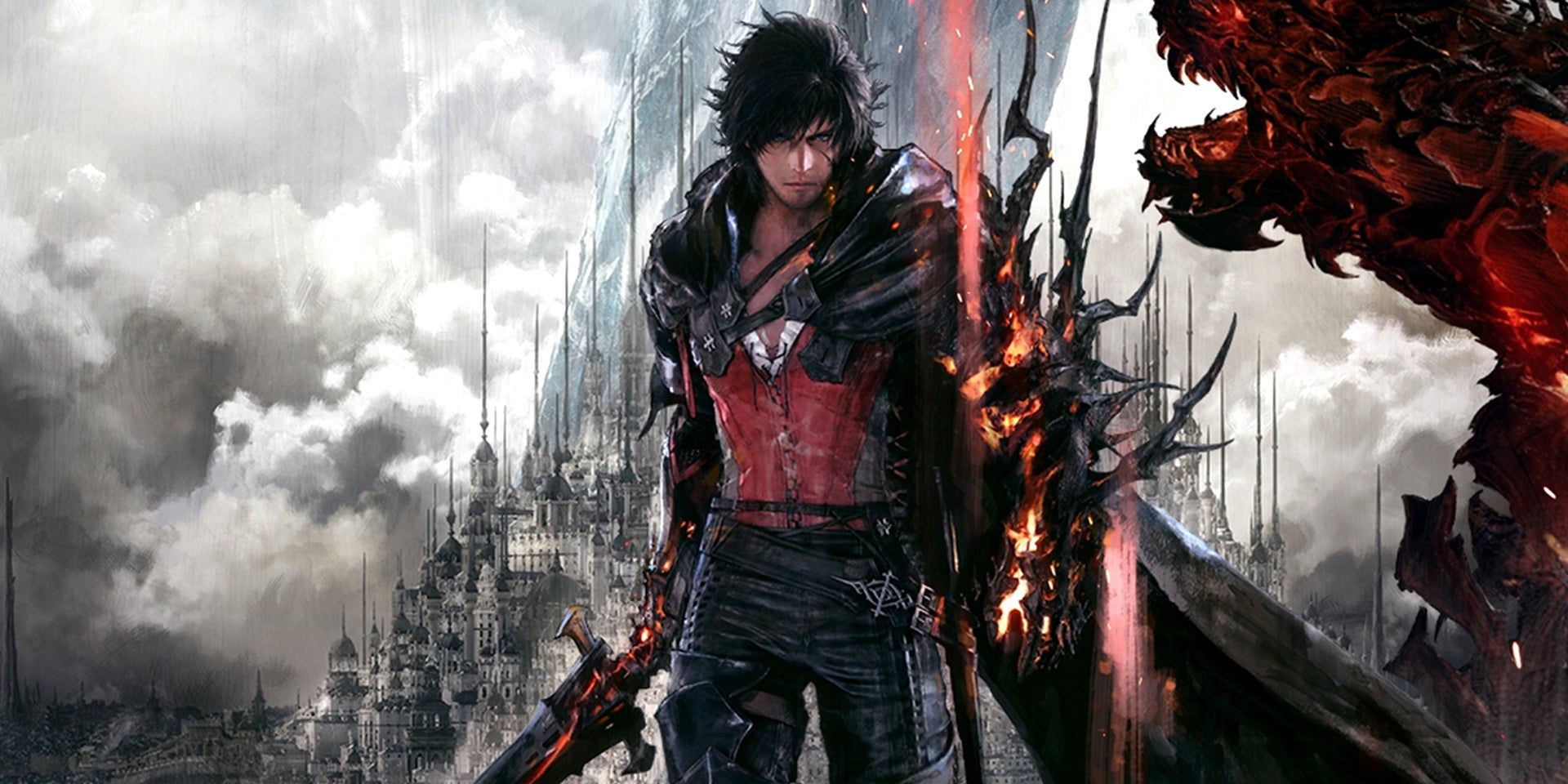 Arte promocional de Final Fantasy 16 mostrando Clive empunhando uma espada com o reino de Valisthea ao fundo.