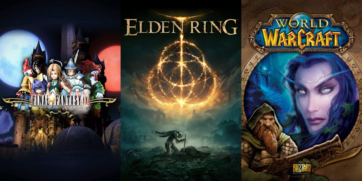 Split image of Final Fantasy IX, Elden Ring, and World of Warcraft promo art.
