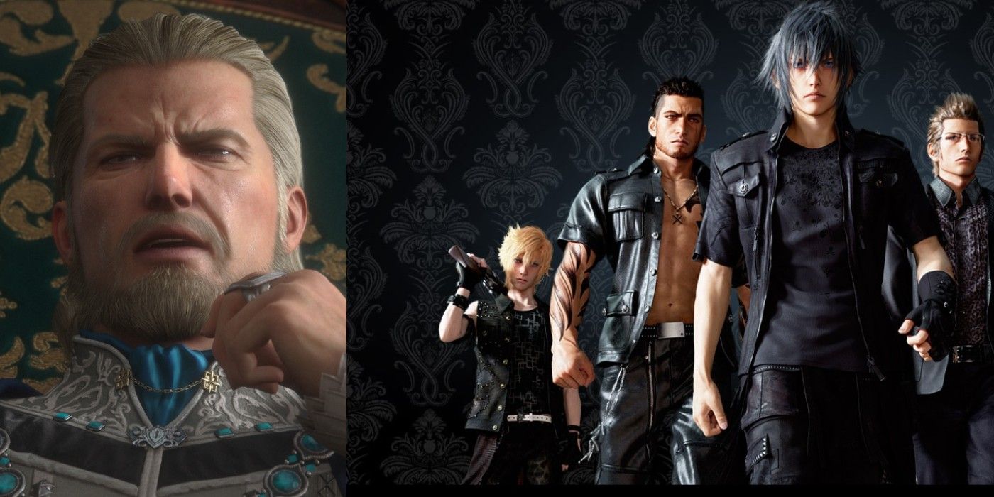 left hand side is image of FF16 kingly character, close up of head and shoulders, left side is FF15 promo image of Noctis with his 3 party members standing behind him