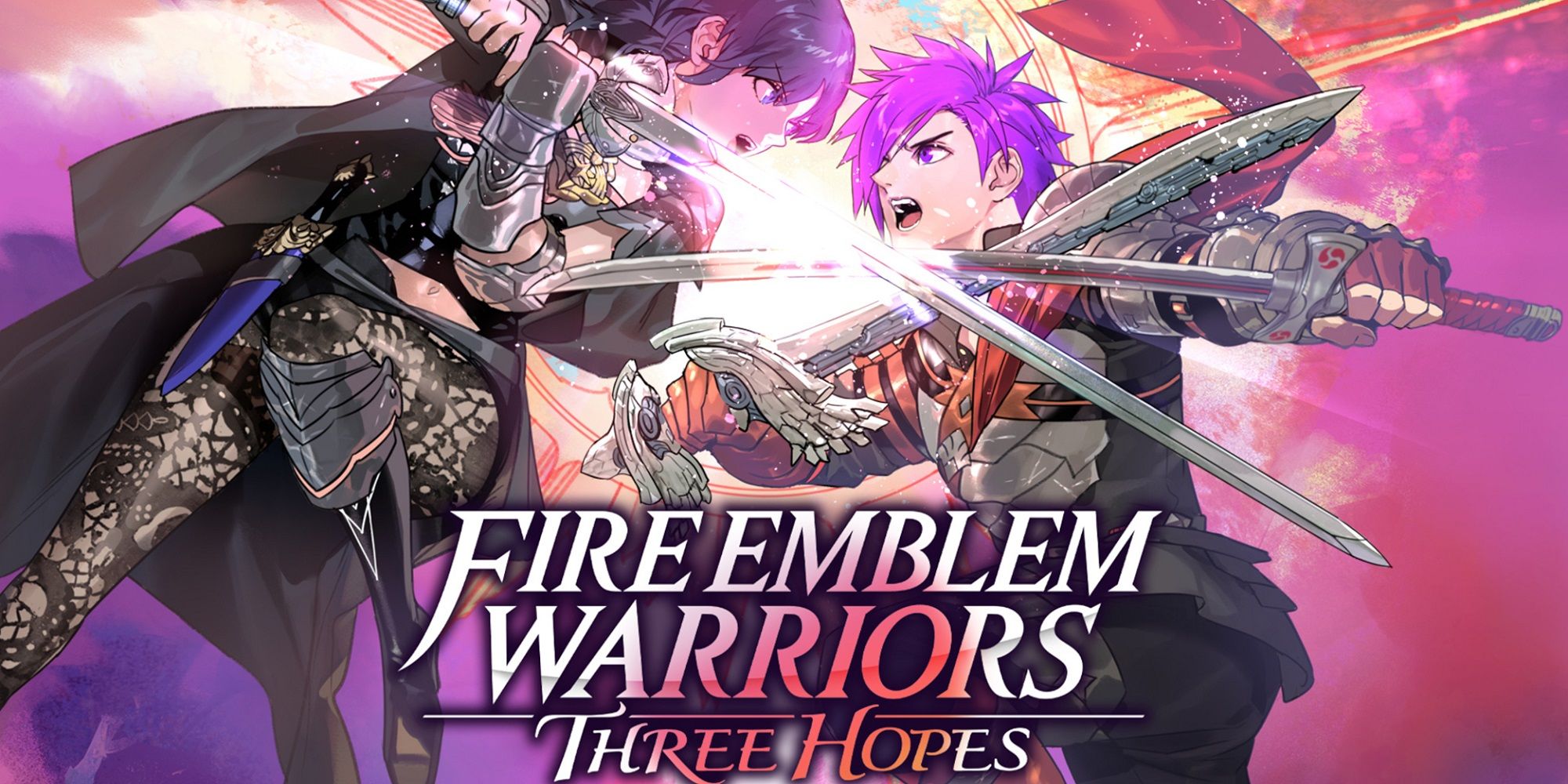 Arte da capa de Fire Emblem Warriors Three Hopes de dois personagens se chocando com espadas