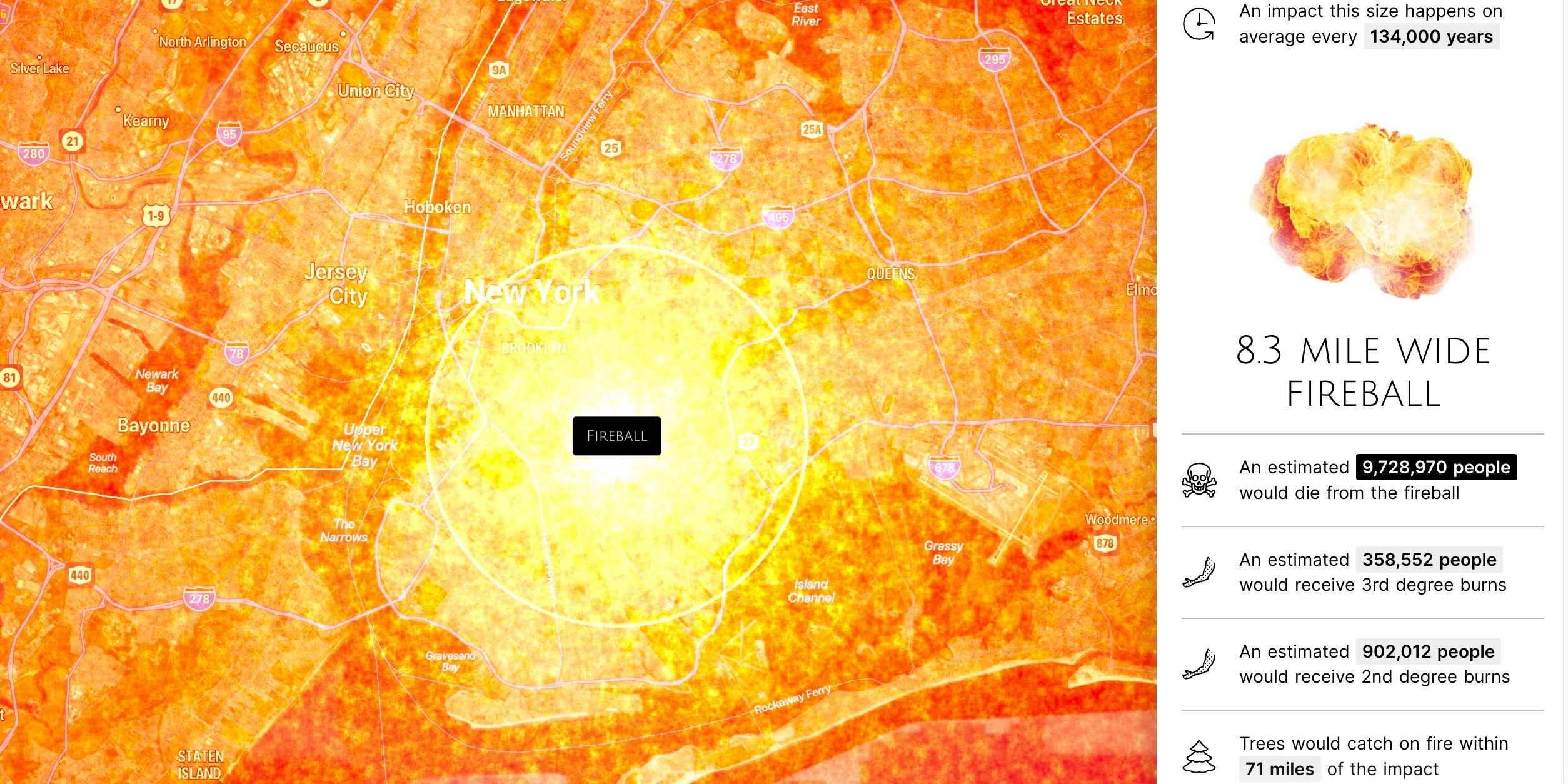 Tons de laranja brilhante com uma textura de fogo são sobrepostos em um mapa da área dos três estados, com o Brooklyn no centro, mostrando a bola de fogo do impacto de um asteroide.  O texto ao lado revela que a bola de fogo tem 8,3 milhas de largura,