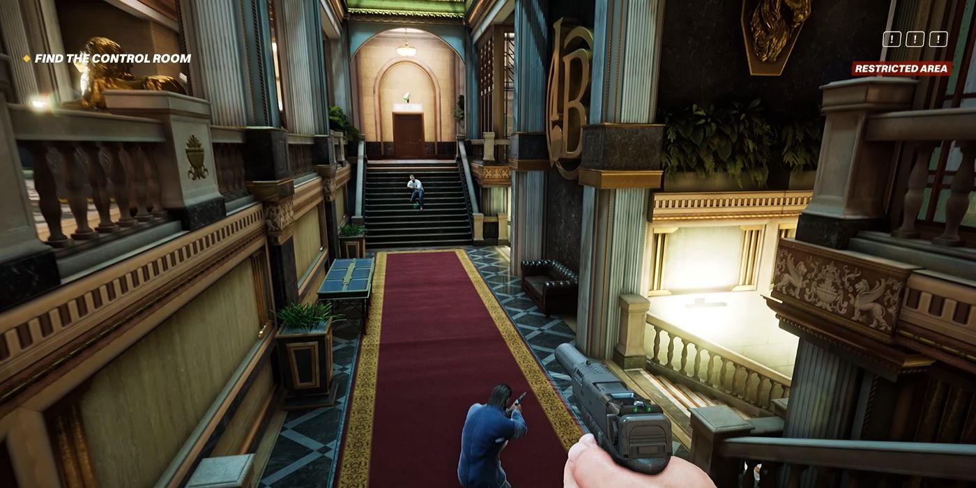 Uma cena da jogabilidade de Crime Boss: Rockay City revela onde o protagonista está segurando uma arma.