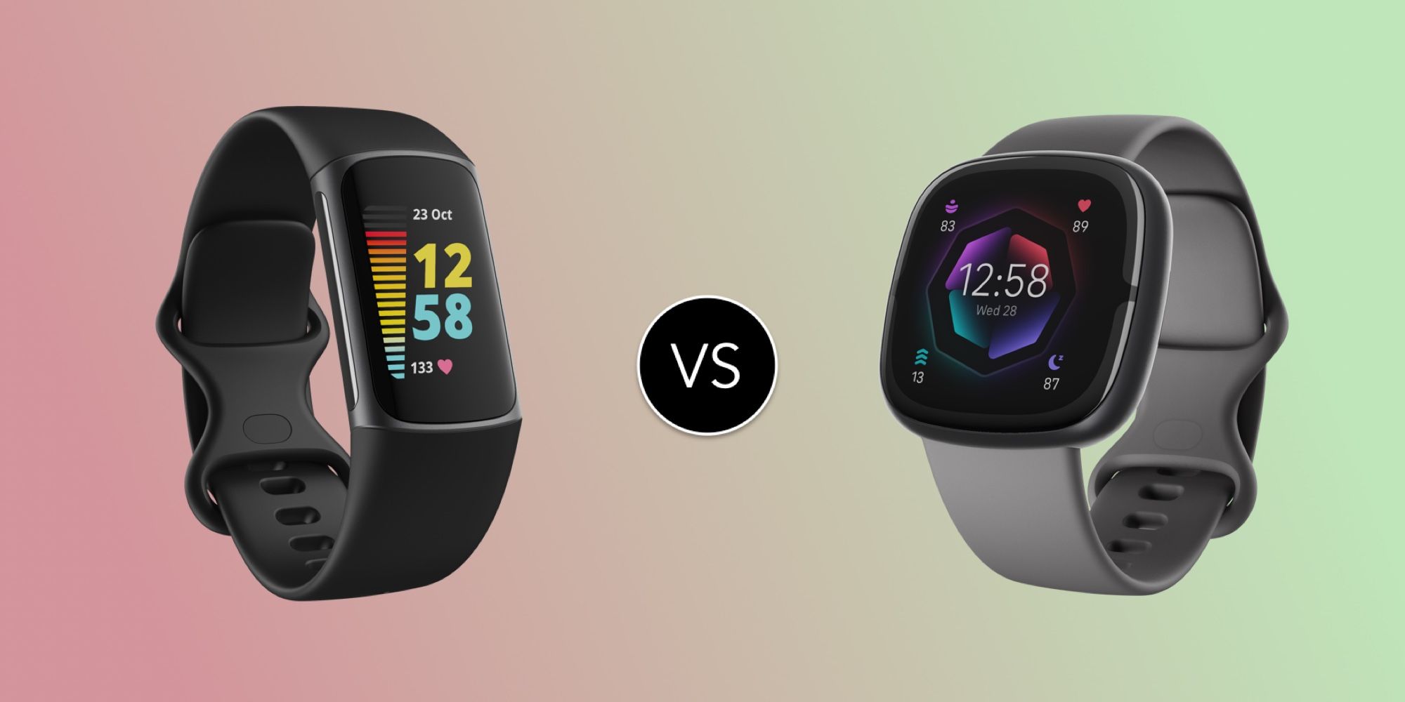 Fitbit Charge 5 and Sense 2 with a versus sign between them