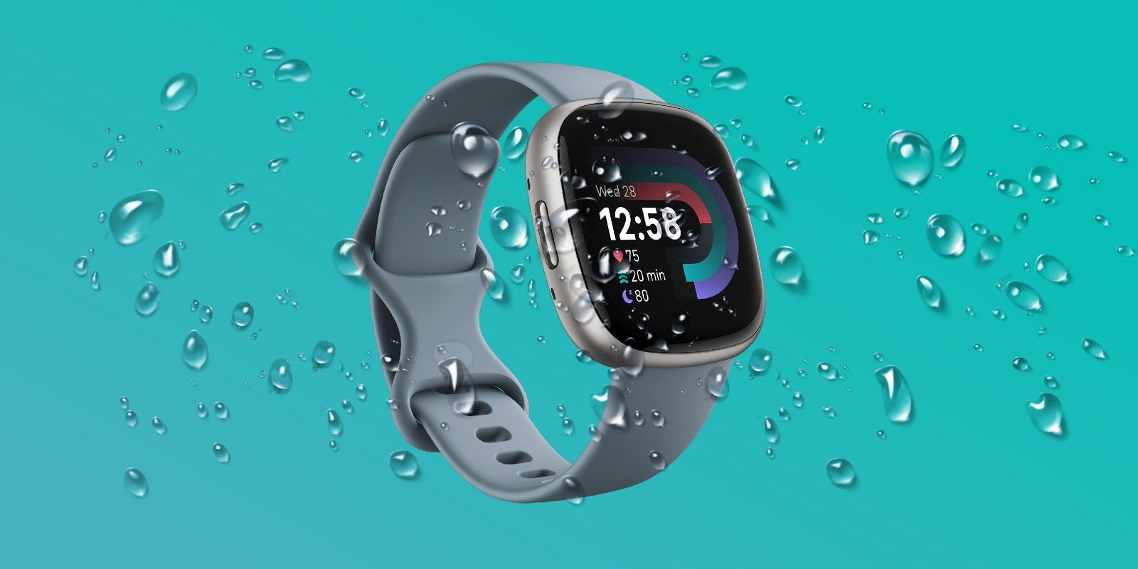 Photo of a Fitbit Versa 4 with water droplets all over it