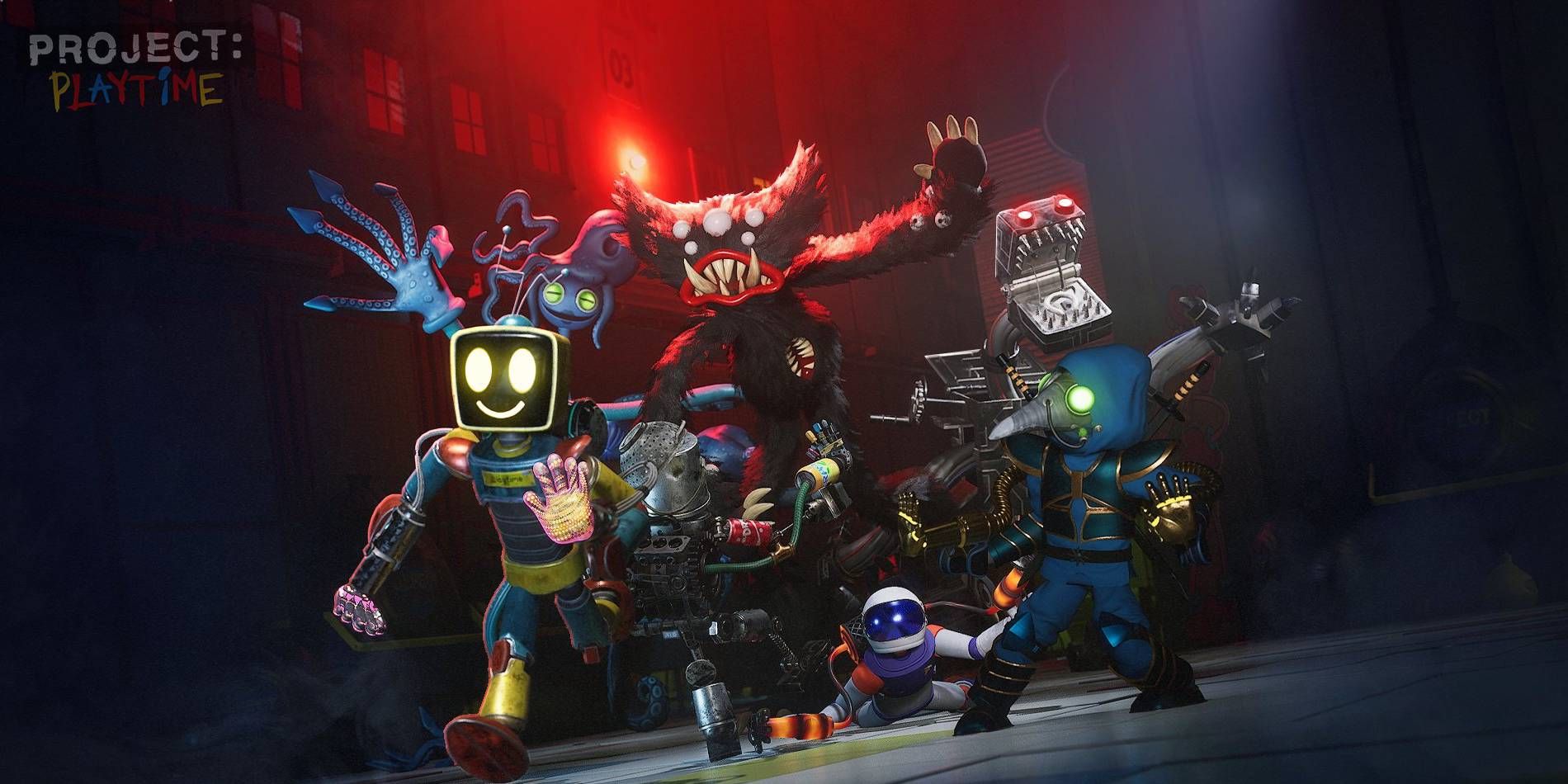 A Project: Playtime promotional image showing a variety of characters in the game's earnable and purchasable cosmetic items.