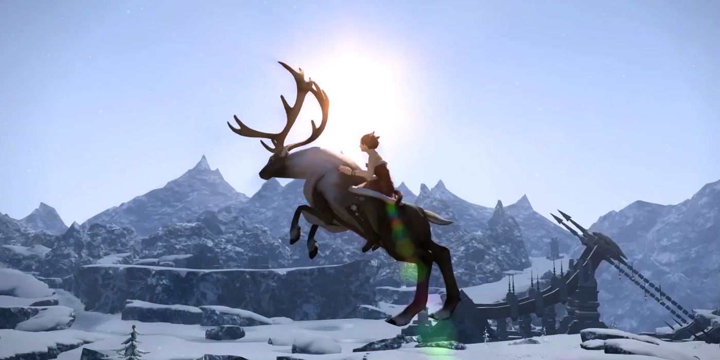 Um Guerreiro da Luz voando no Starlight Steed Mount em uma paisagem nevada em Final Fantasy 14.