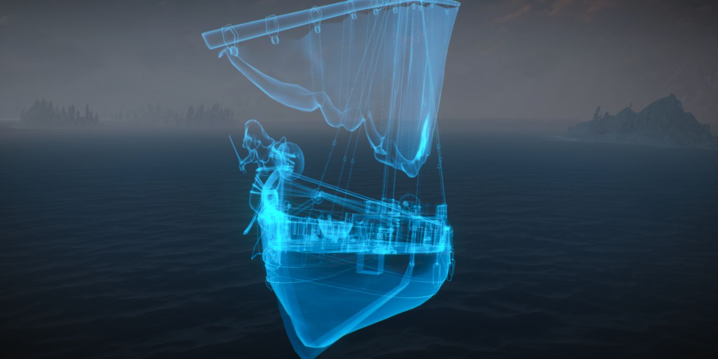 O navio fantasma Flying Redanian navegando em Skellige em The Witcher 3.