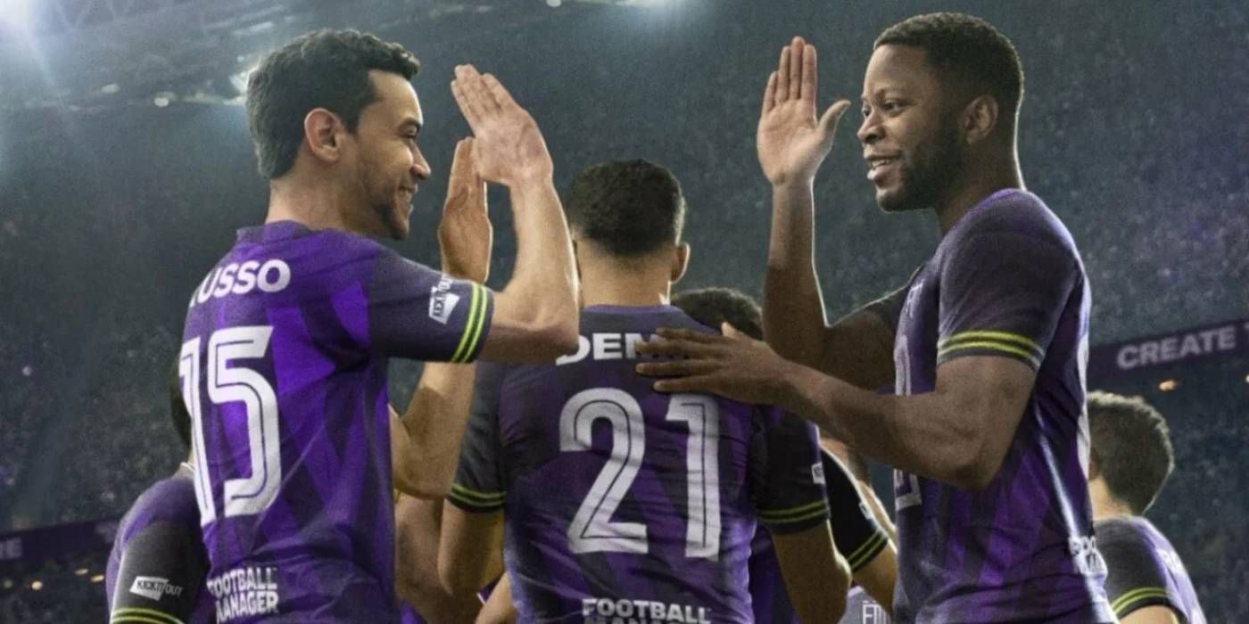 Football Manager 2023 Player Celebration through High-Five with Purple Jerseys